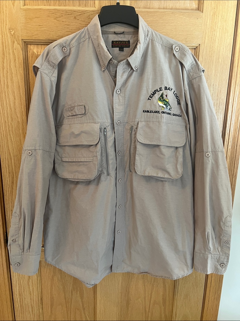 Kayjet Safari Wear Men's Shirt Jacket in Light Taupe with Temple Bay Lodge Logo